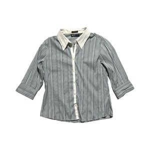 Gray and white button down shirt with white vertical lines.